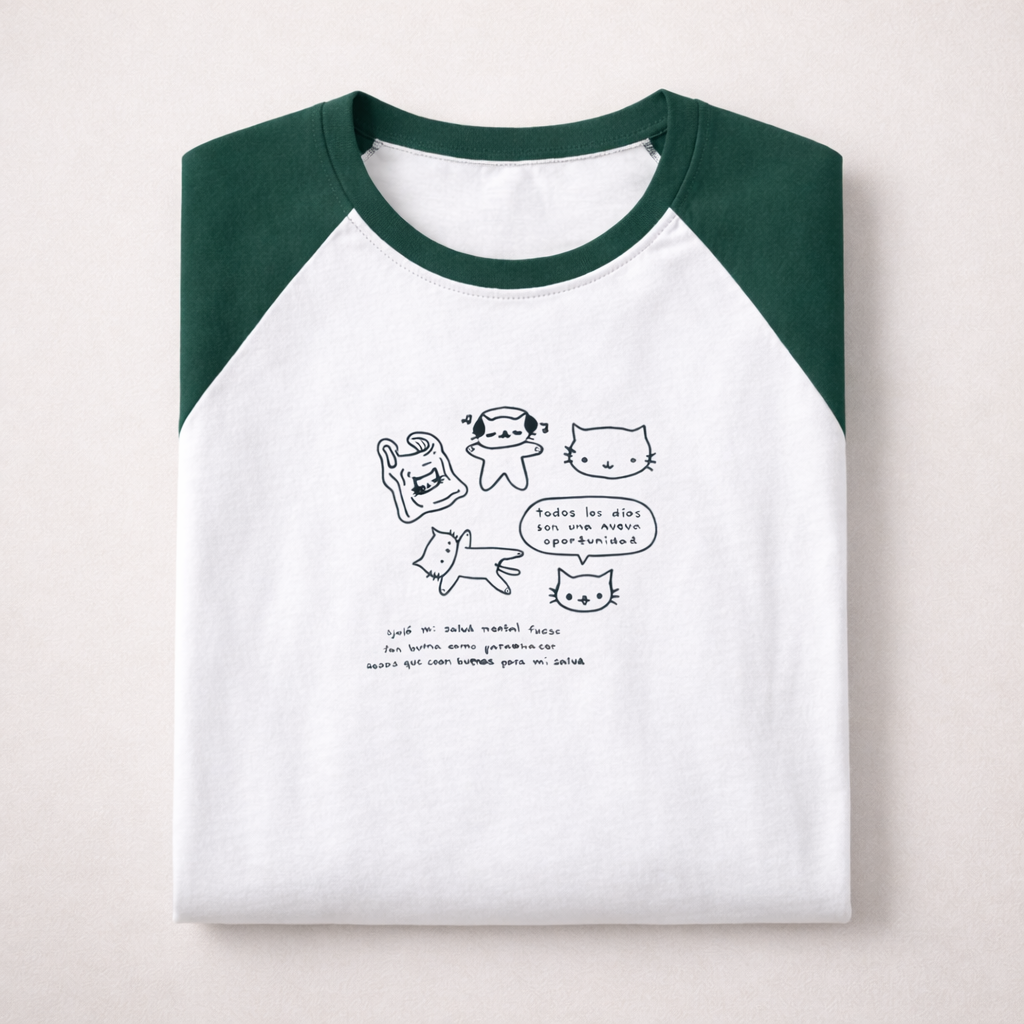Cute Cat Graphic Raglan Long Sleeve T-Shirt – White & Green