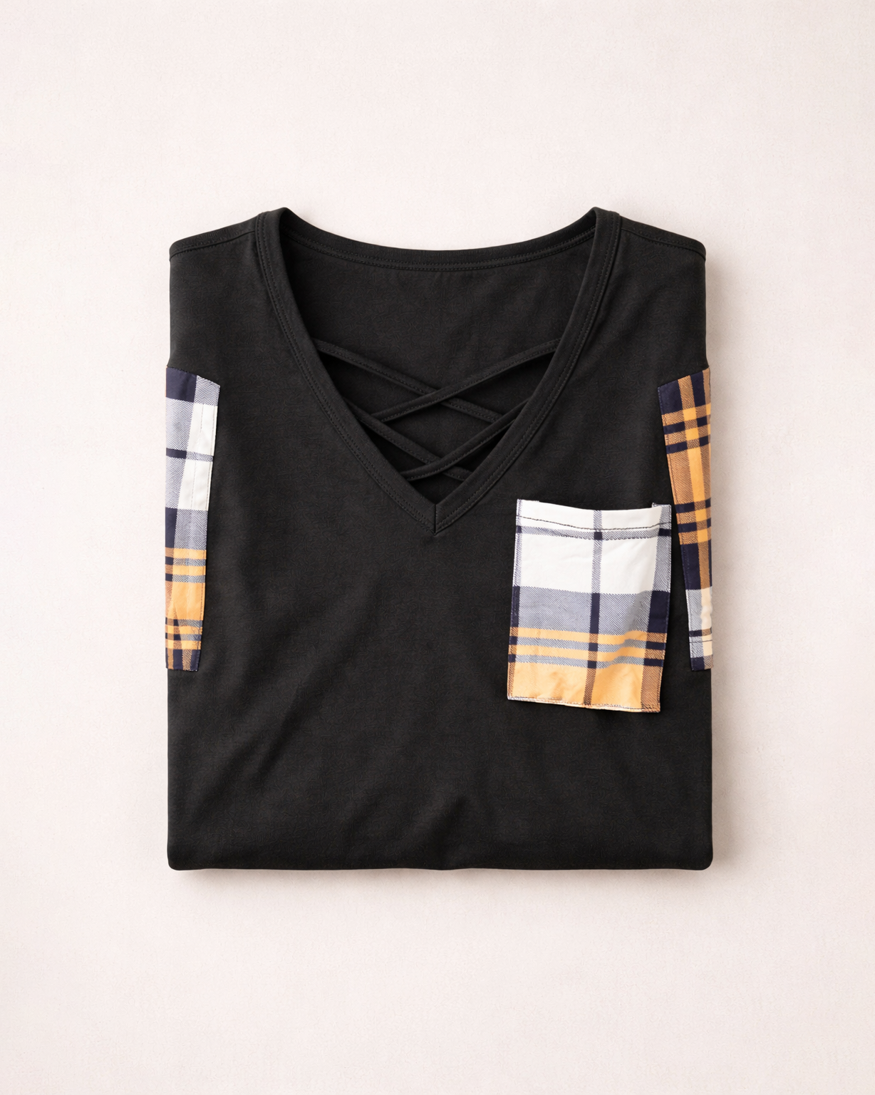 Women’s Black V-Neck Criss-Cross T-Shirt