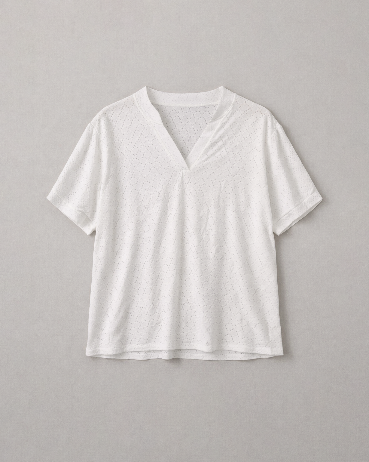 Women’s White Eyelet V-Neck Short Sleeve Top