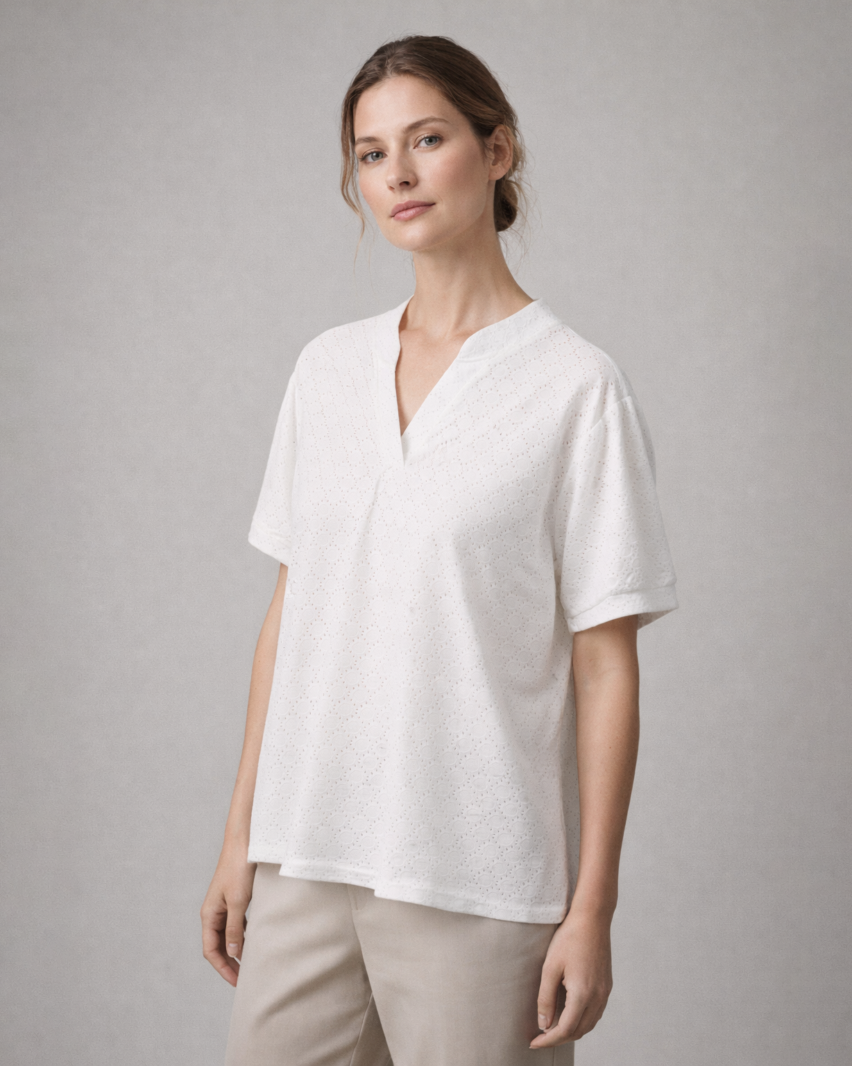 Women’s White Eyelet V-Neck Short Sleeve Top