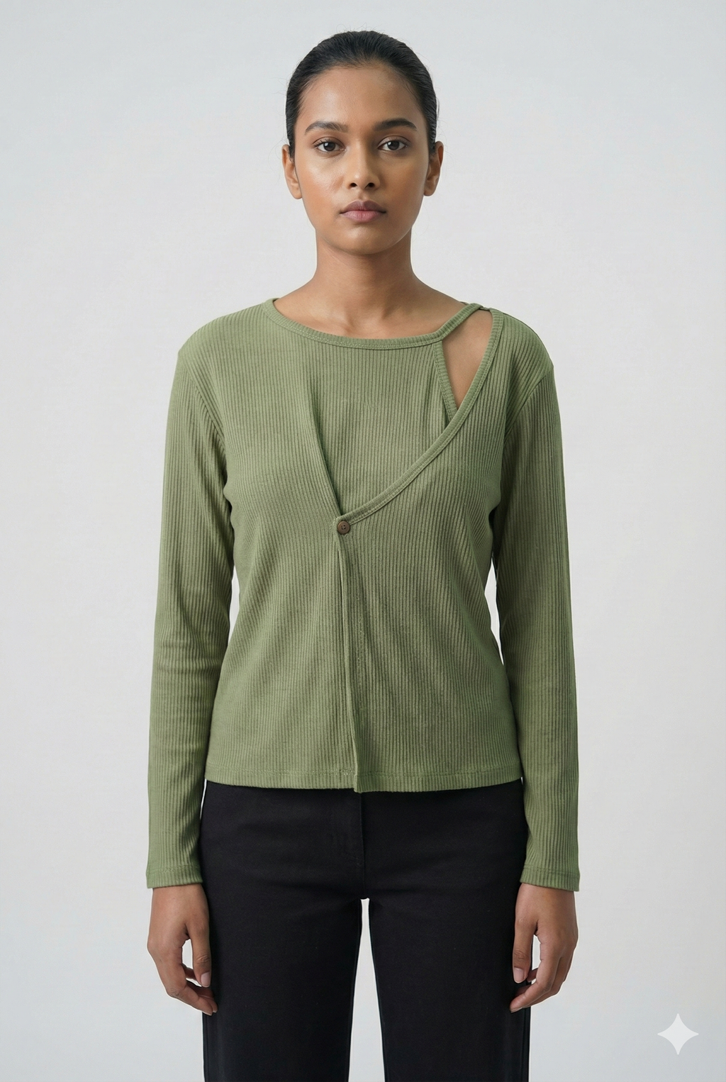 Ribbed Cut-Out Wrap Detail Top - Sage Green