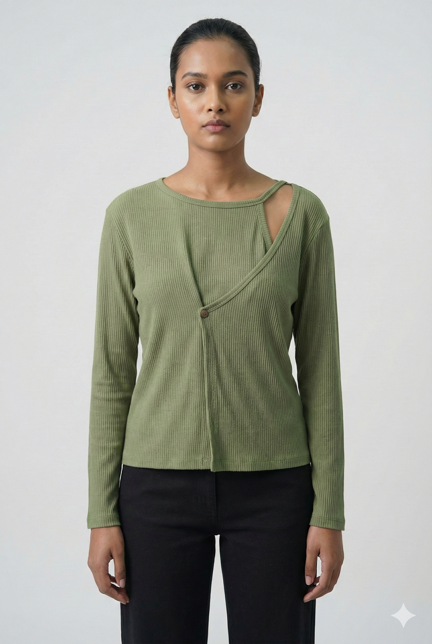 Ribbed Cut-Out Wrap Detail Top - Sage Green