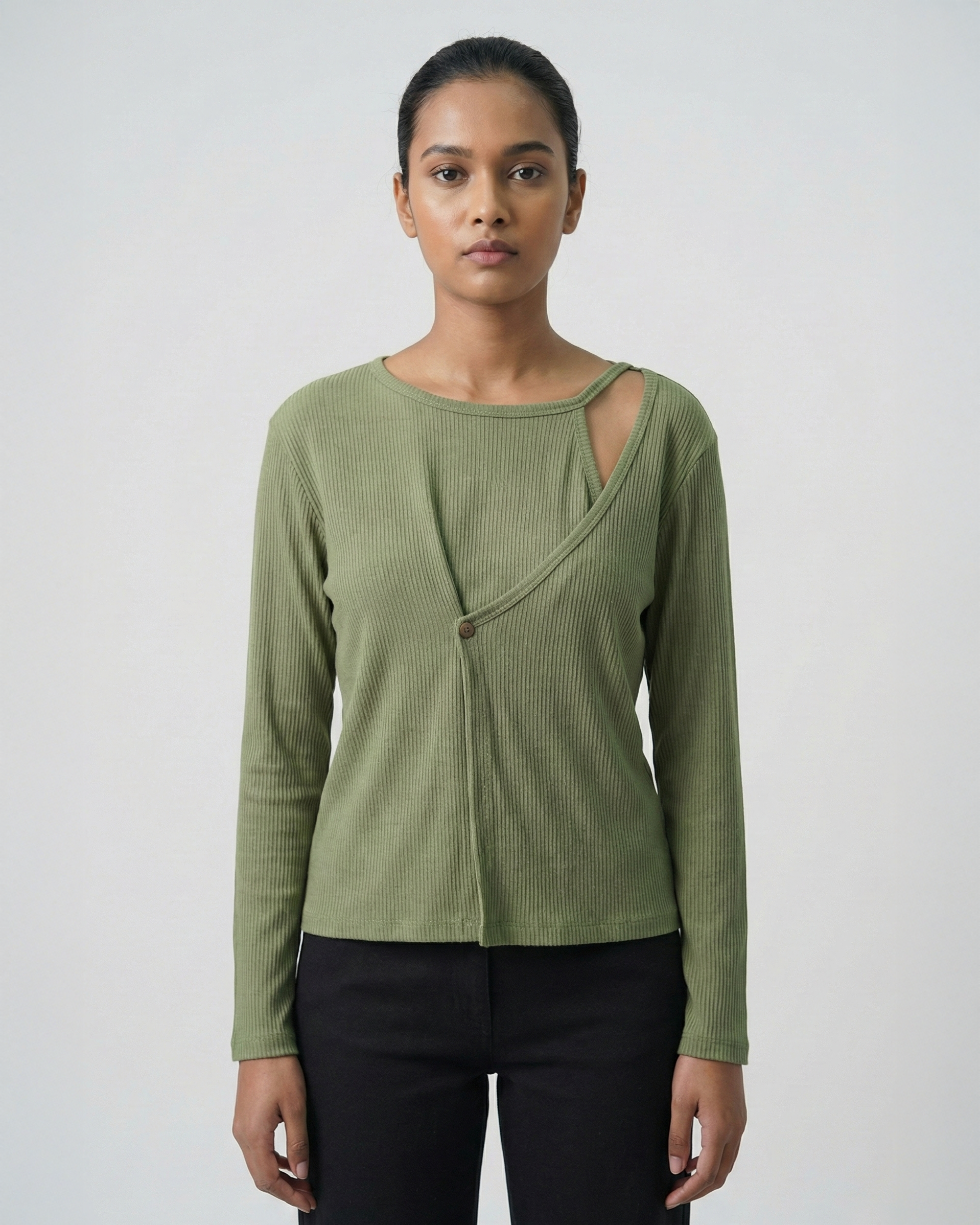 Ribbed Cut-Out Wrap Detail Top - Sage Green