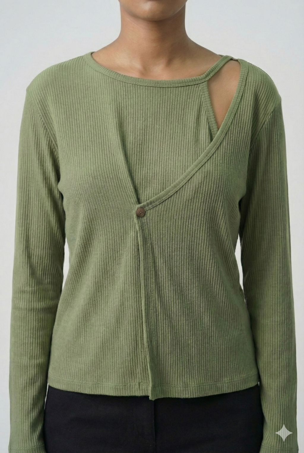 Ribbed Cut-Out Wrap Detail Top - Sage Green