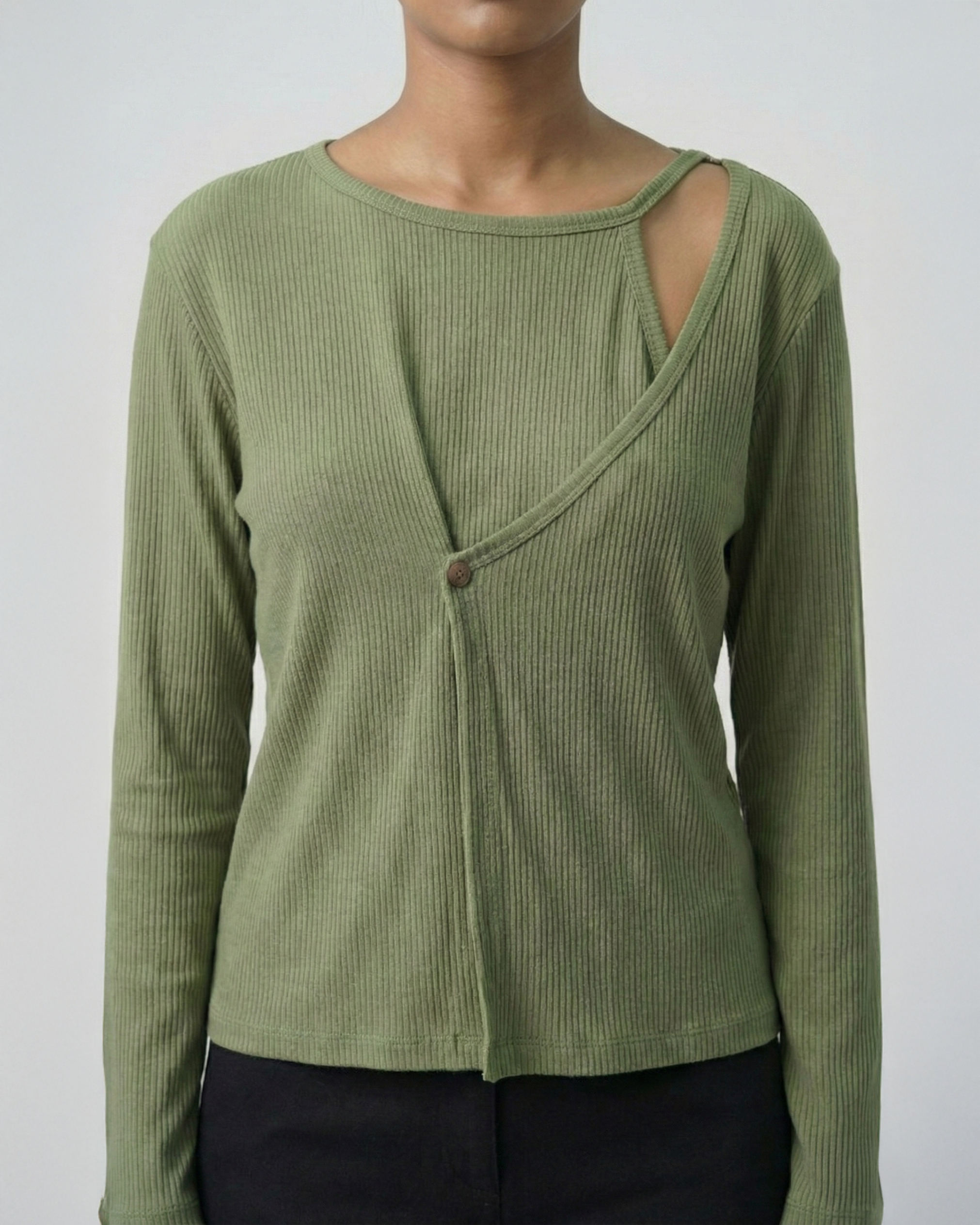 Ribbed Cut-Out Wrap Detail Top - Sage Green