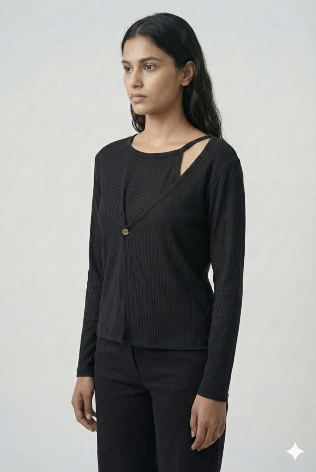 Ribbed Cut-Out Wrap Detail Top - Black