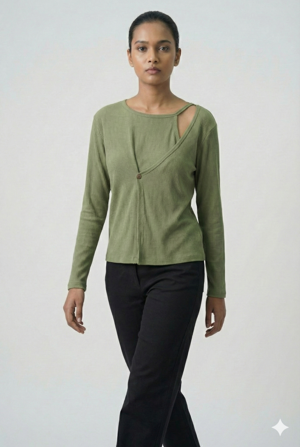 Ribbed Cut-Out Wrap Detail Top - Sage Green