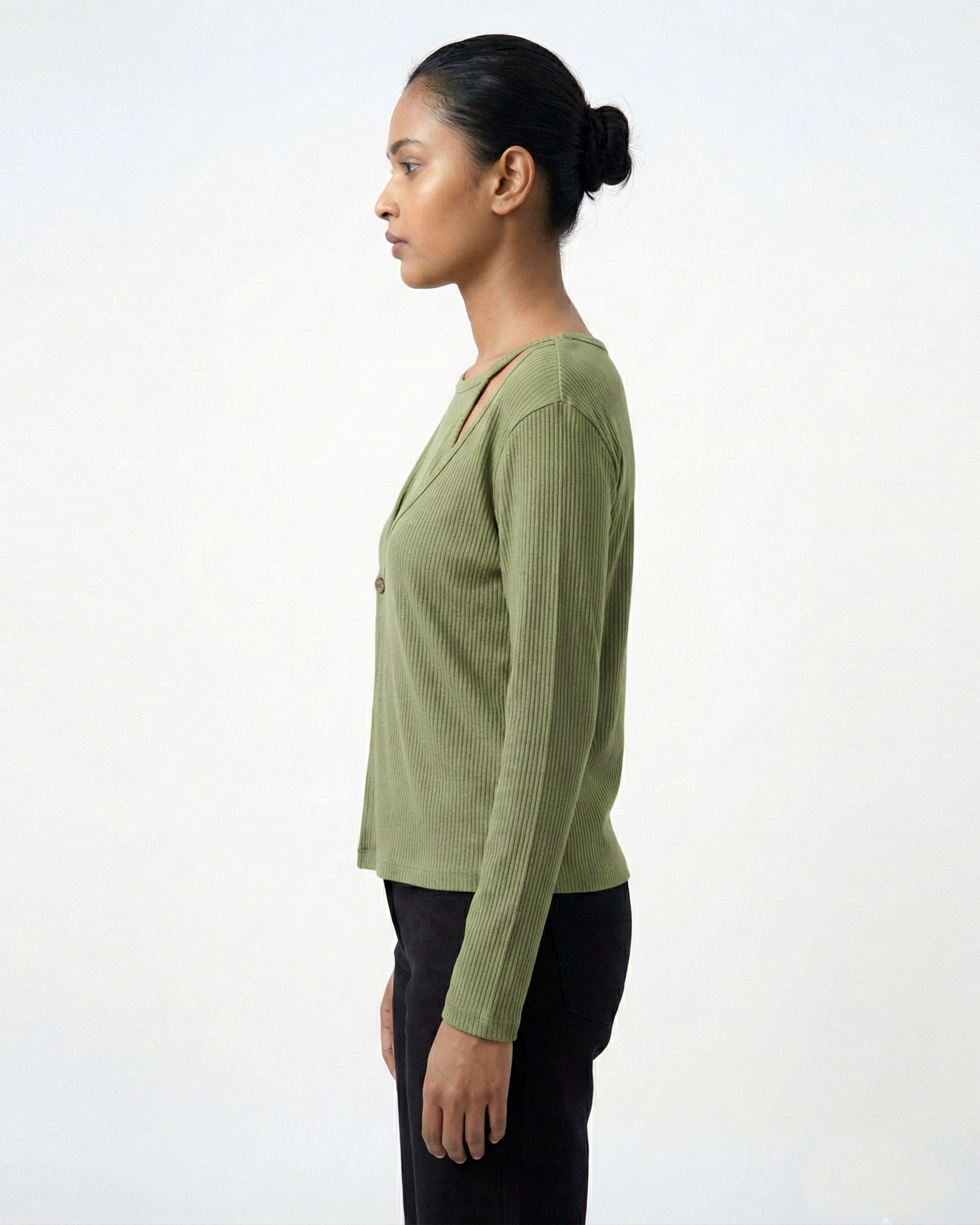 Ribbed Cut-Out Wrap Detail Top - Sage Green