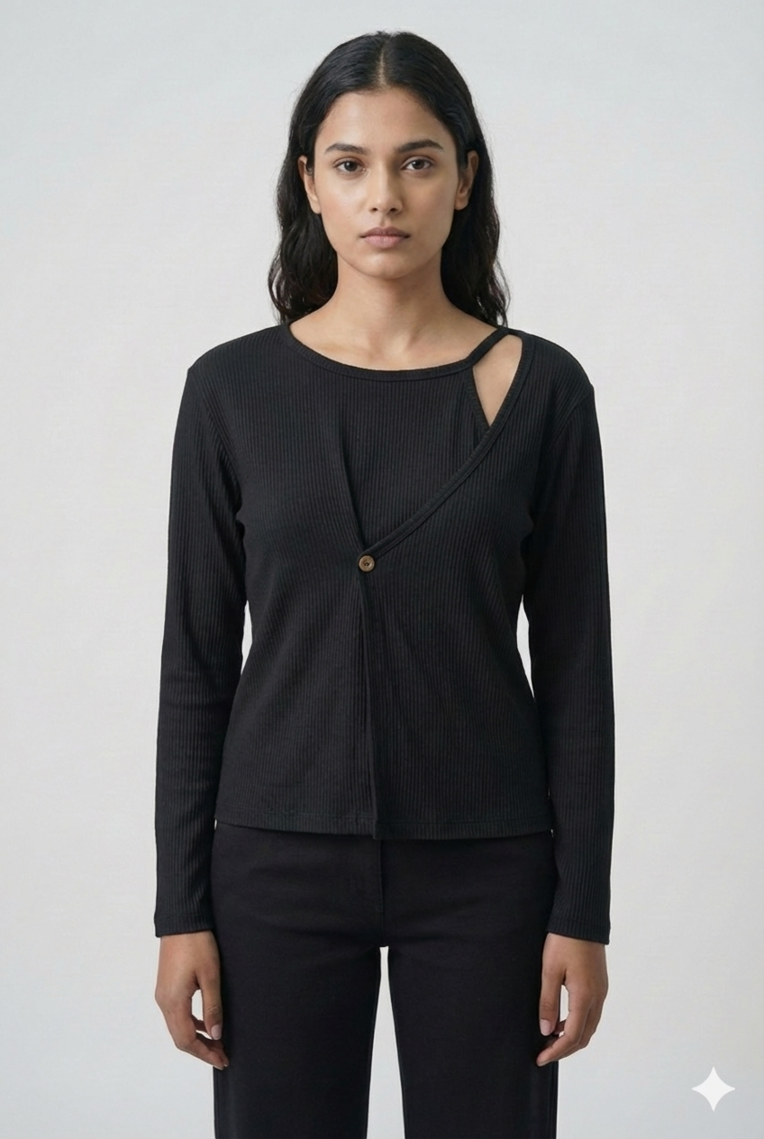 Ribbed Cut-Out Wrap Detail Top - Black