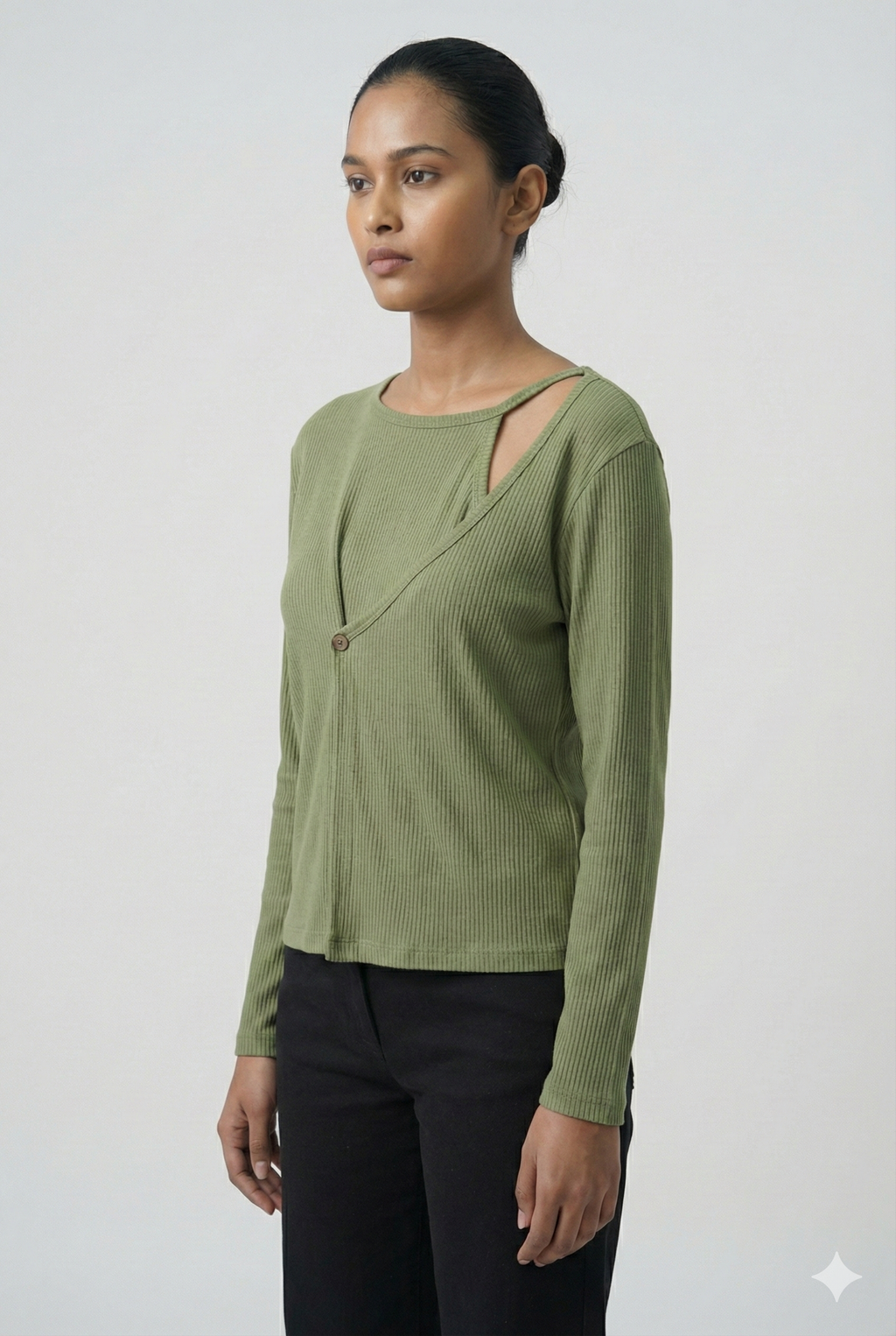 Ribbed Cut-Out Wrap Detail Top - Sage Green