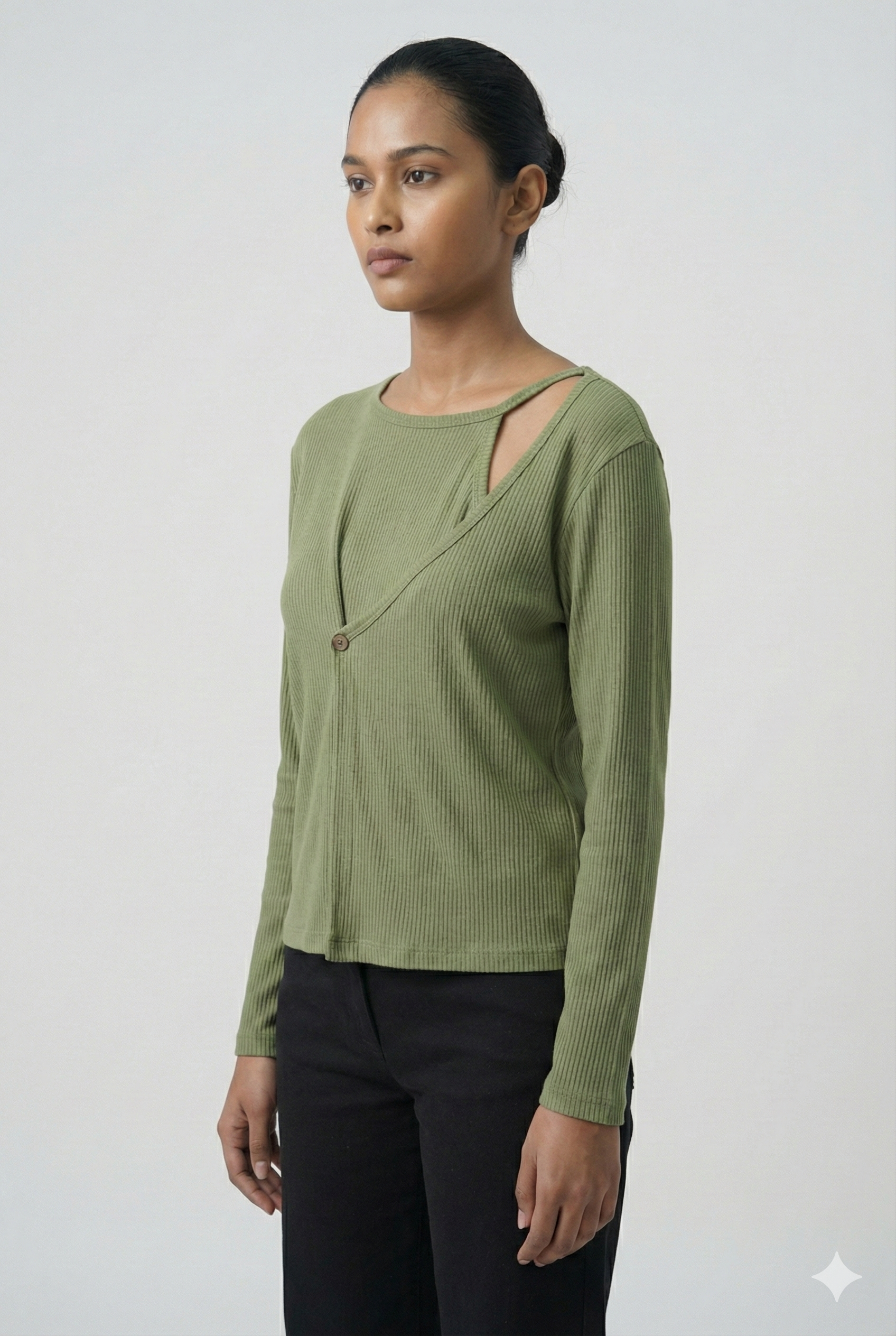 Ribbed Cut-Out Wrap Detail Top - Sage Green