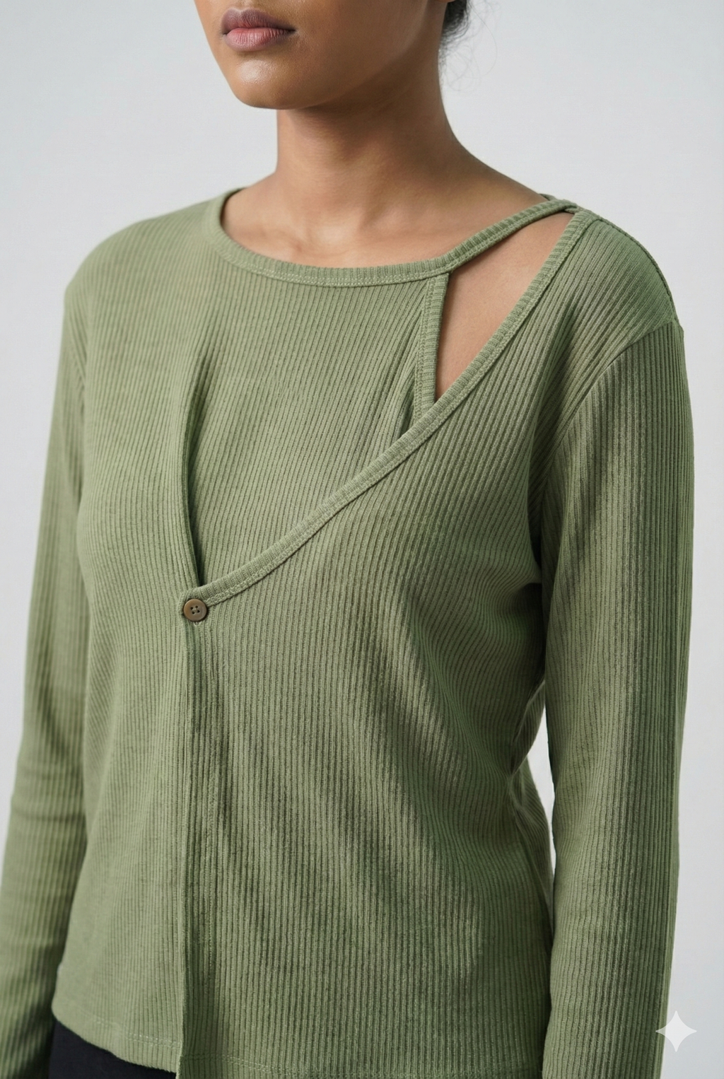 Ribbed Cut-Out Wrap Detail Top - Sage Green