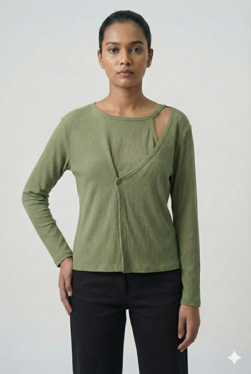 Ribbed Cut-Out Wrap Detail Top - Sage Green