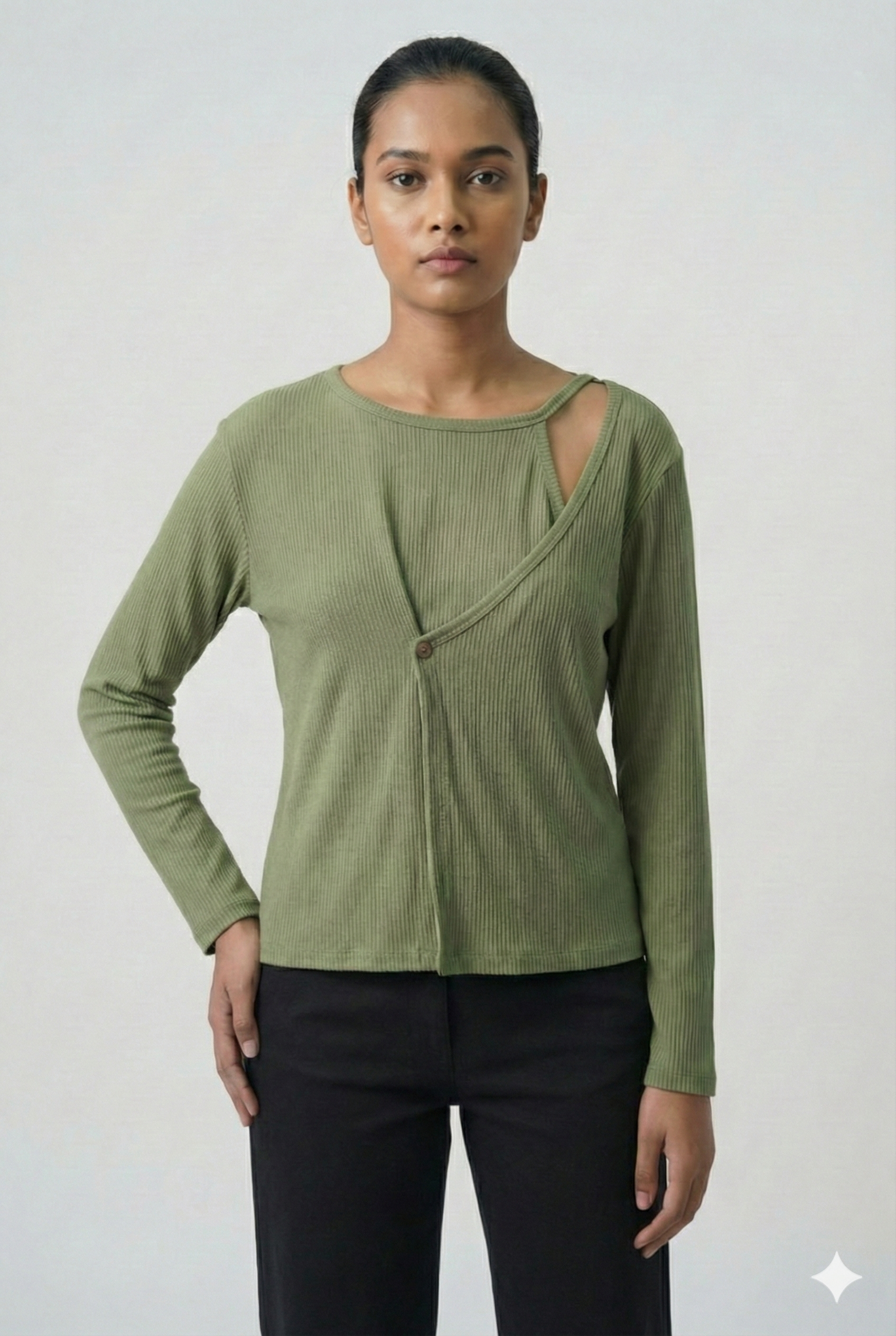 Ribbed Cut-Out Wrap Detail Top - Sage Green