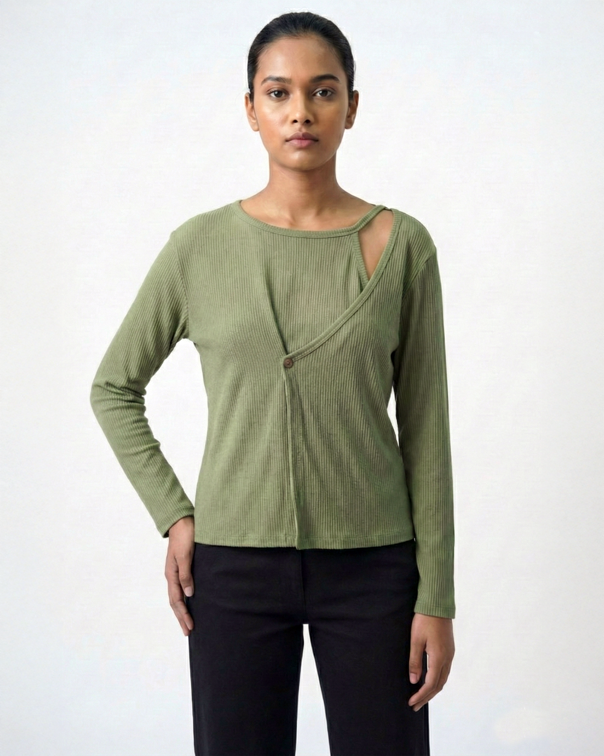 Ribbed Cut-Out Wrap Detail Top - Sage Green