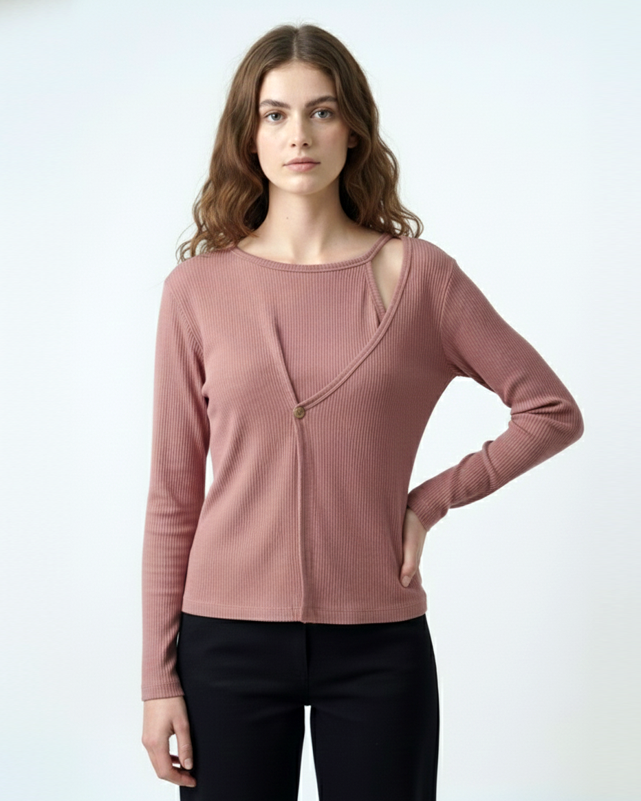 Ribbed Cut-Out Wrap Detail Top - Rosewood