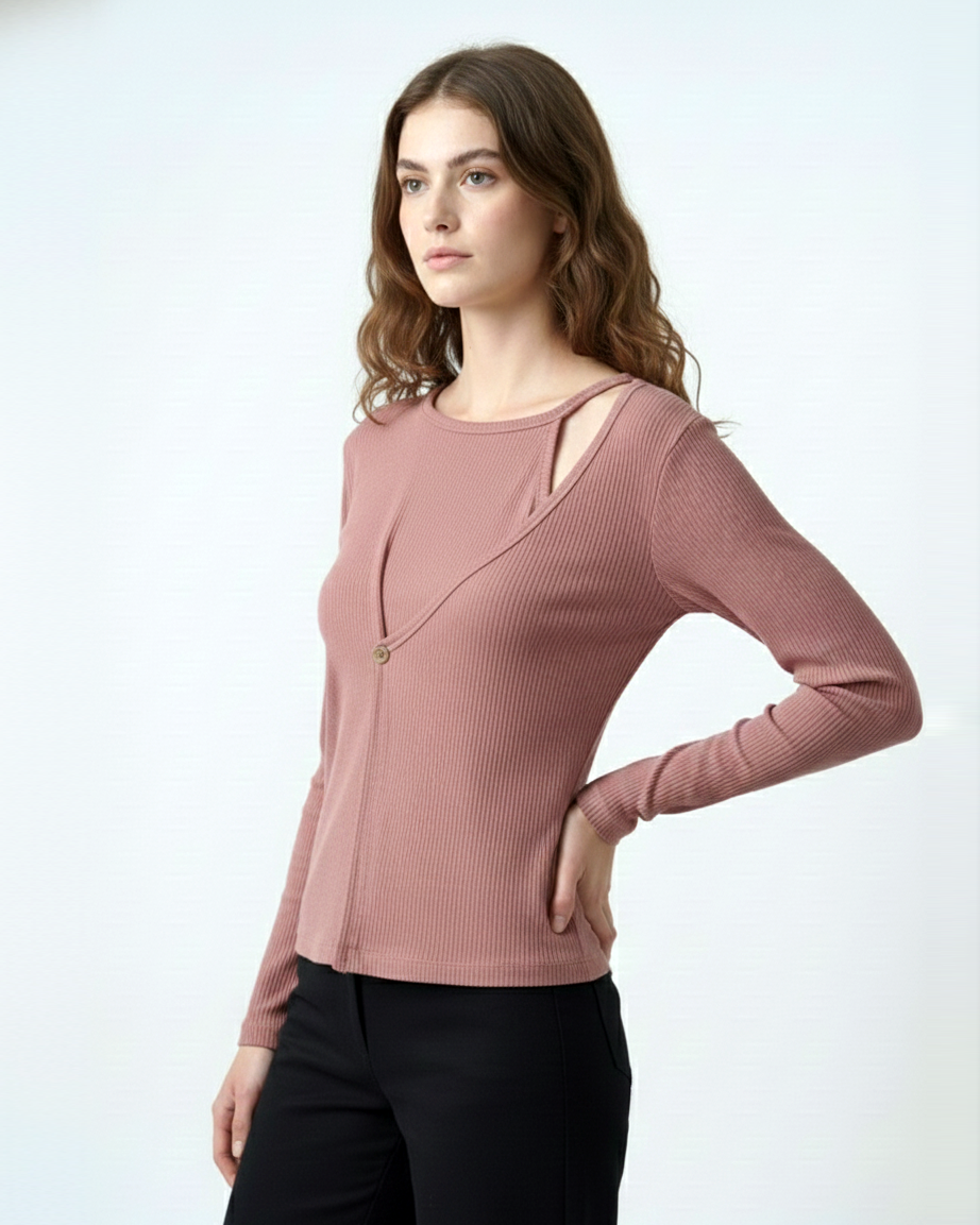 Ribbed Cut-Out Wrap Detail Top - Rosewood