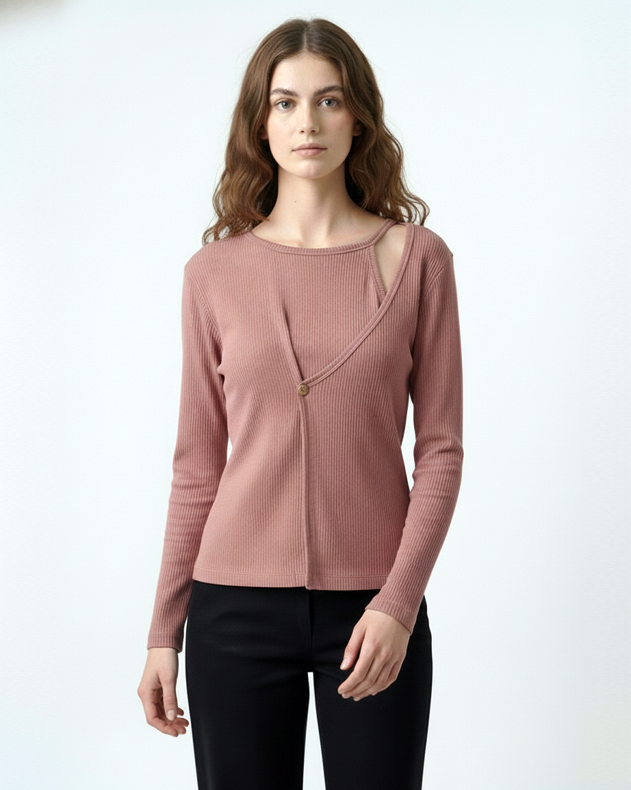 Ribbed Cut-Out Wrap Detail Top - Rosewood