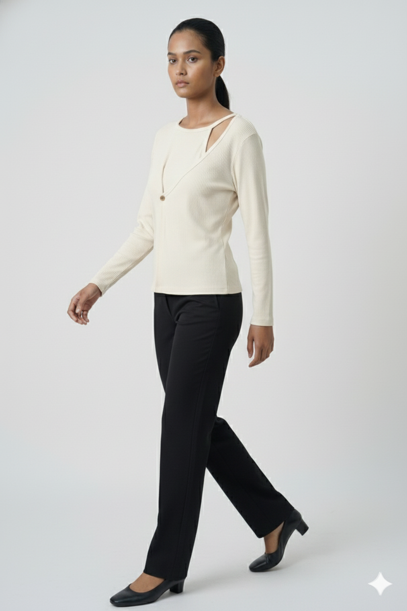 Ribbed Cut-Out Wrap Detail Top - Ivory