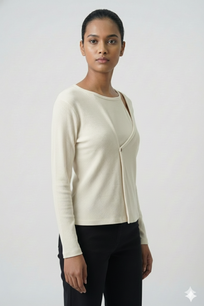Ribbed Cut-Out Wrap Detail Top - Ivory