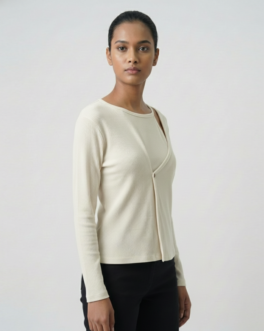 Ribbed Cut-Out Wrap Detail Top - Ivory