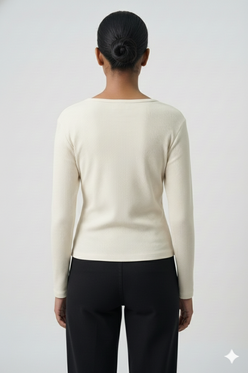 Ribbed Cut-Out Wrap Detail Top - Ivory