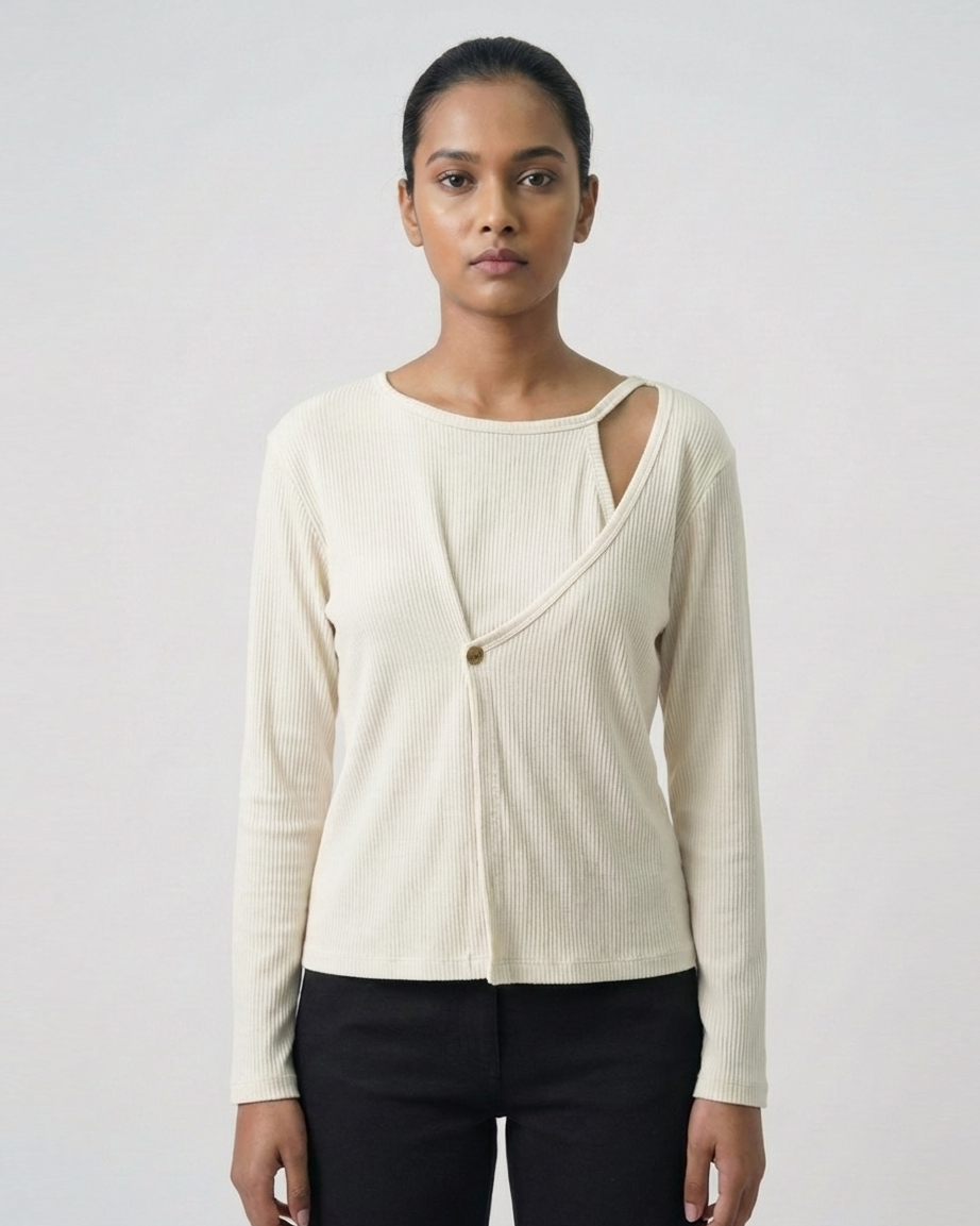 Ribbed Cut-Out Wrap Detail Top - Ivory