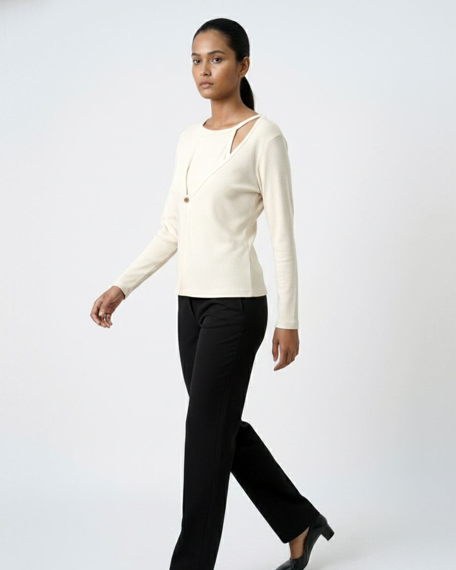 Ribbed Cut-Out Wrap Detail Top - Ivory