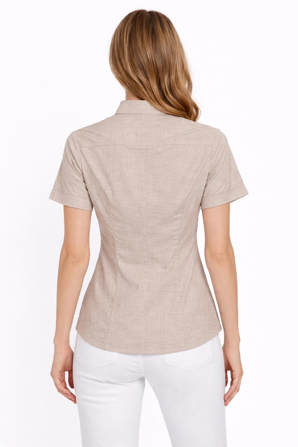 Women’s Textured Short-Sleeve Mandarin Collar Shirt – Beige