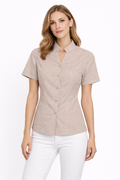 Women’s Textured Short-Sleeve Mandarin Collar Shirt – Beige