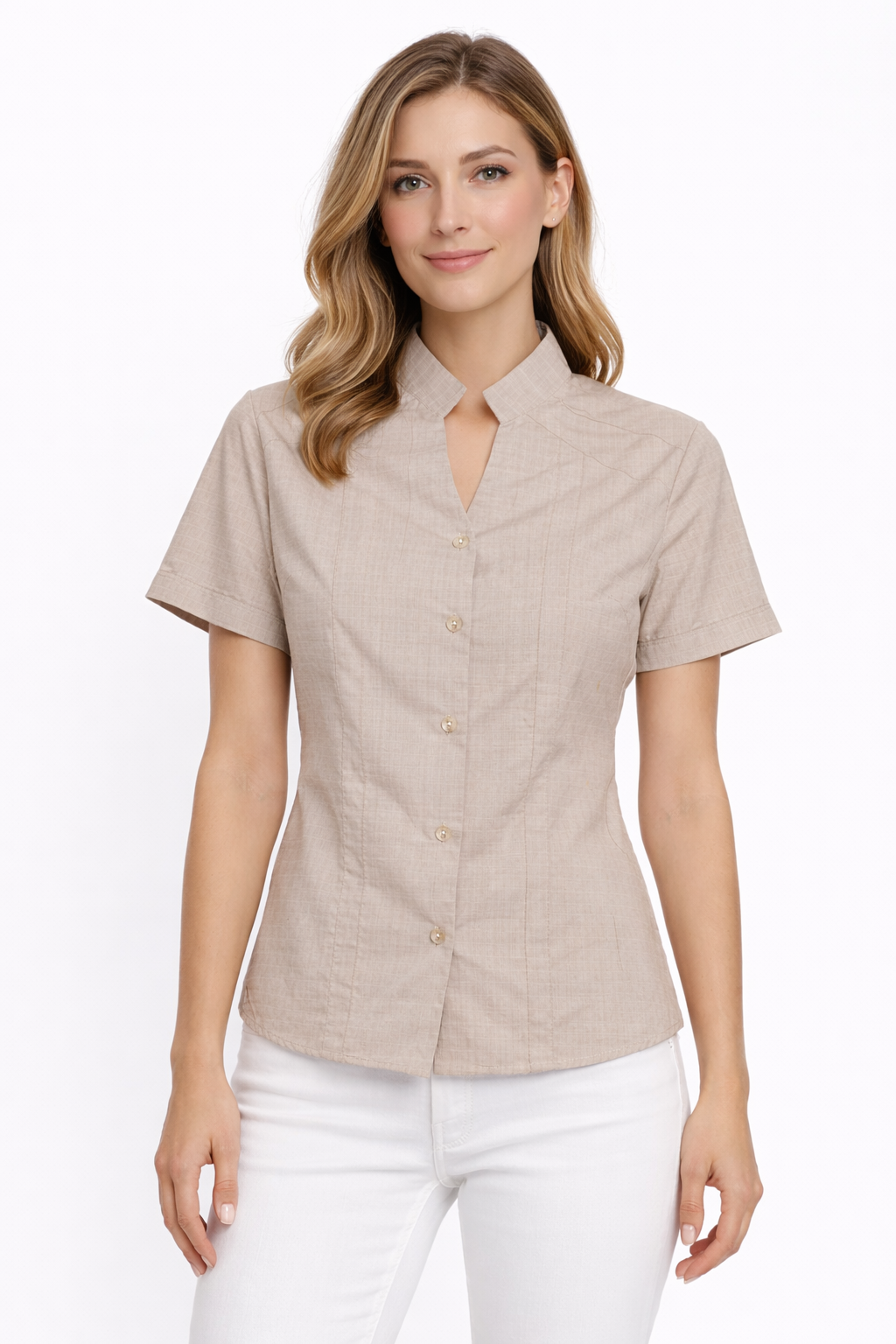 Women’s Textured Short-Sleeve Mandarin Collar Shirt – Beige