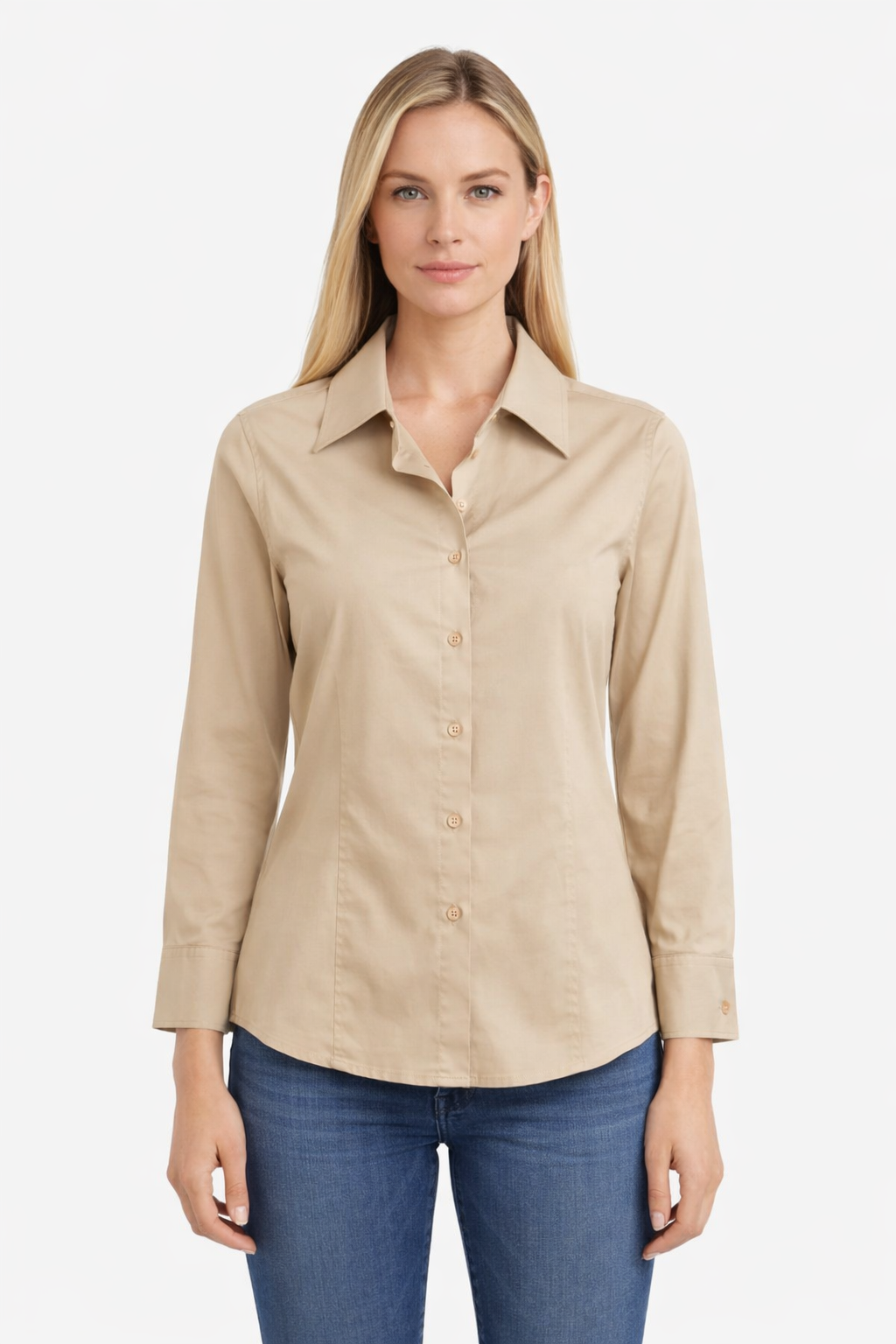 Women’s Beige Slim-Fit Cotton-Blend Shirt