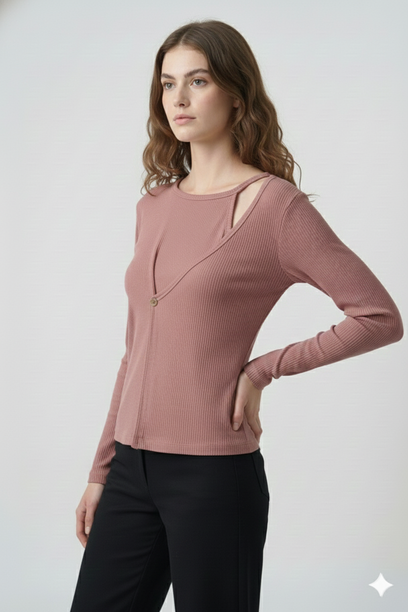 Ribbed Cut-Out Wrap Detail Top - Rosewood
