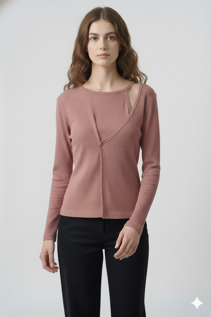Ribbed Cut-Out Wrap Detail Top - Rosewood