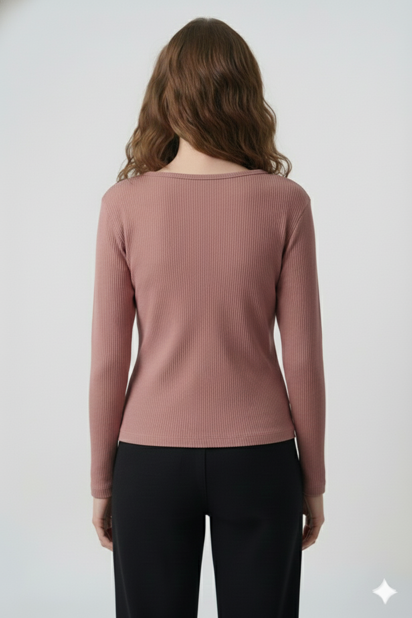 Ribbed Cut-Out Wrap Detail Top - Rosewood