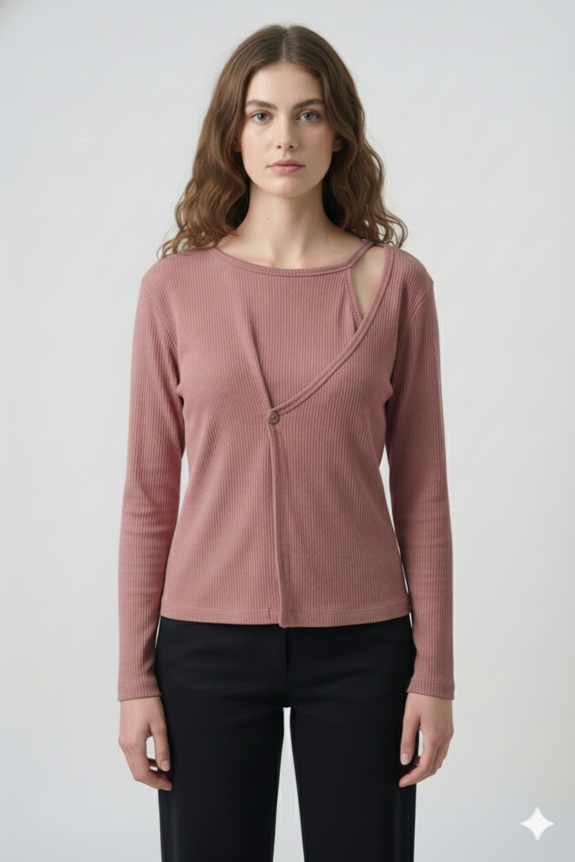 Ribbed Cut-Out Wrap Detail Top - Rosewood