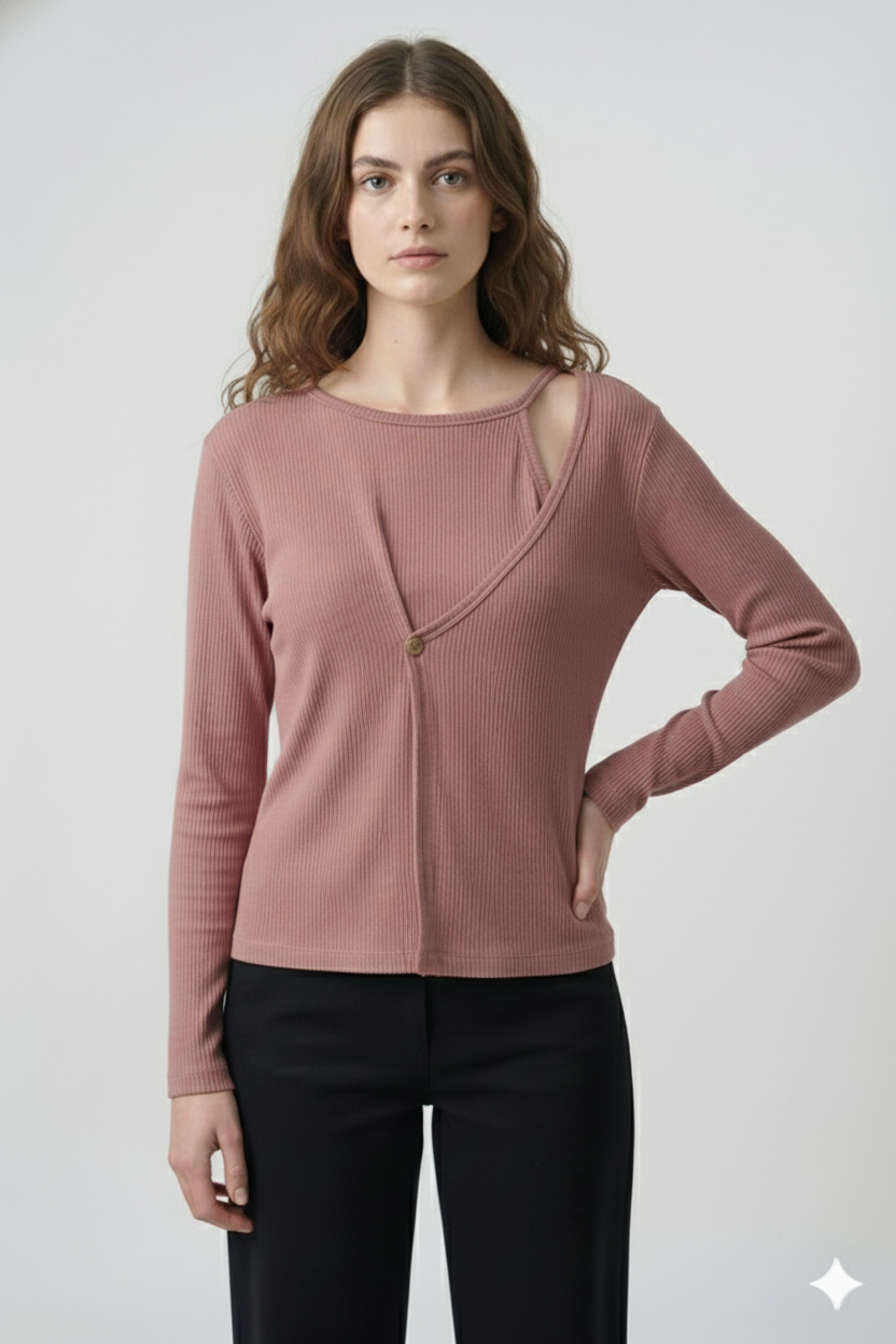 Ribbed Cut-Out Wrap Detail Top - Rosewood