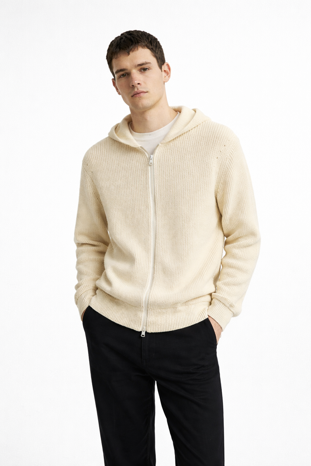 Men’s Cream Zip-Up Knit Hoodie