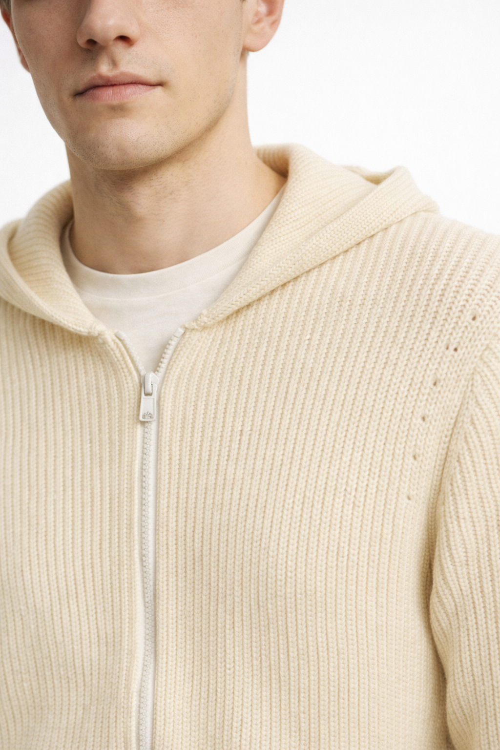 Men’s Cream Zip-Up Knit Hoodie