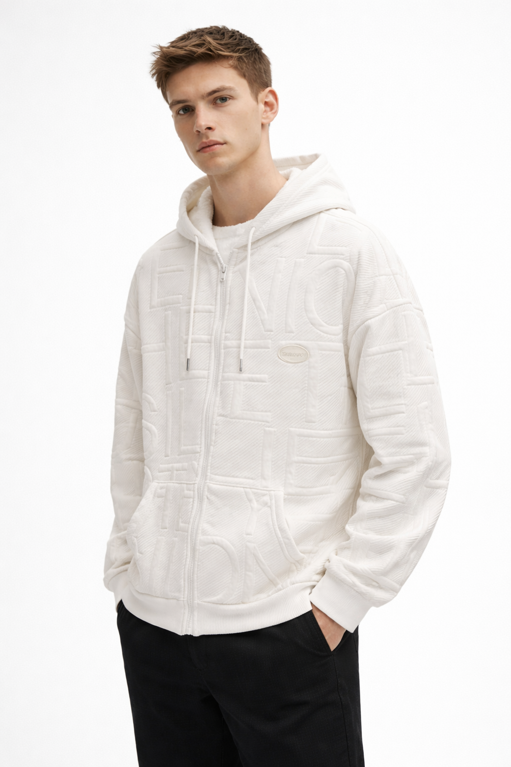 Men’s White Embossed Zip Hoodie