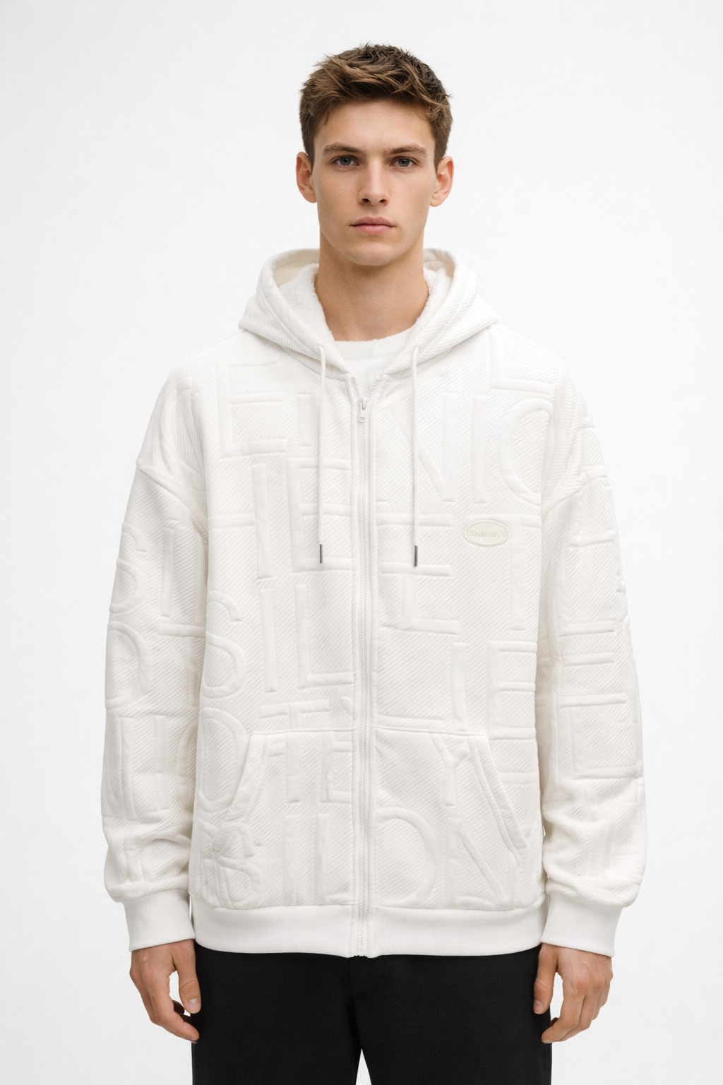 Men’s White Embossed Zip Hoodie