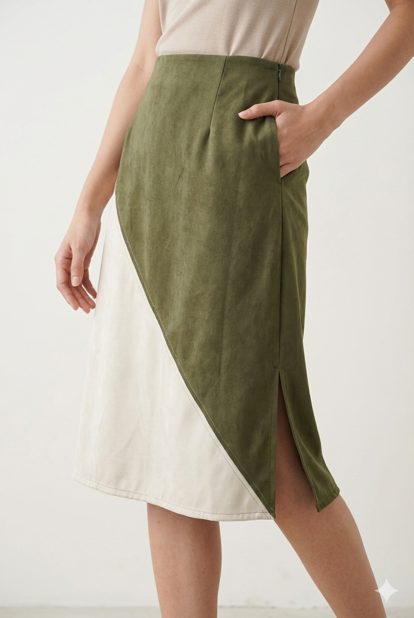 Two-Tone Asymmetrical Midi Skirt – Olive & Ivory