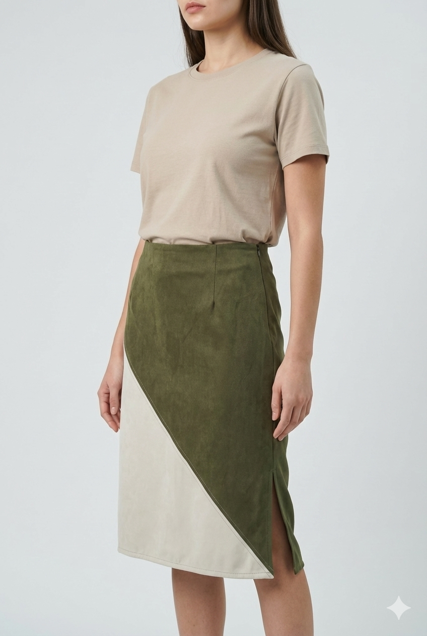Two-Tone Asymmetrical Midi Skirt – Olive & Ivory