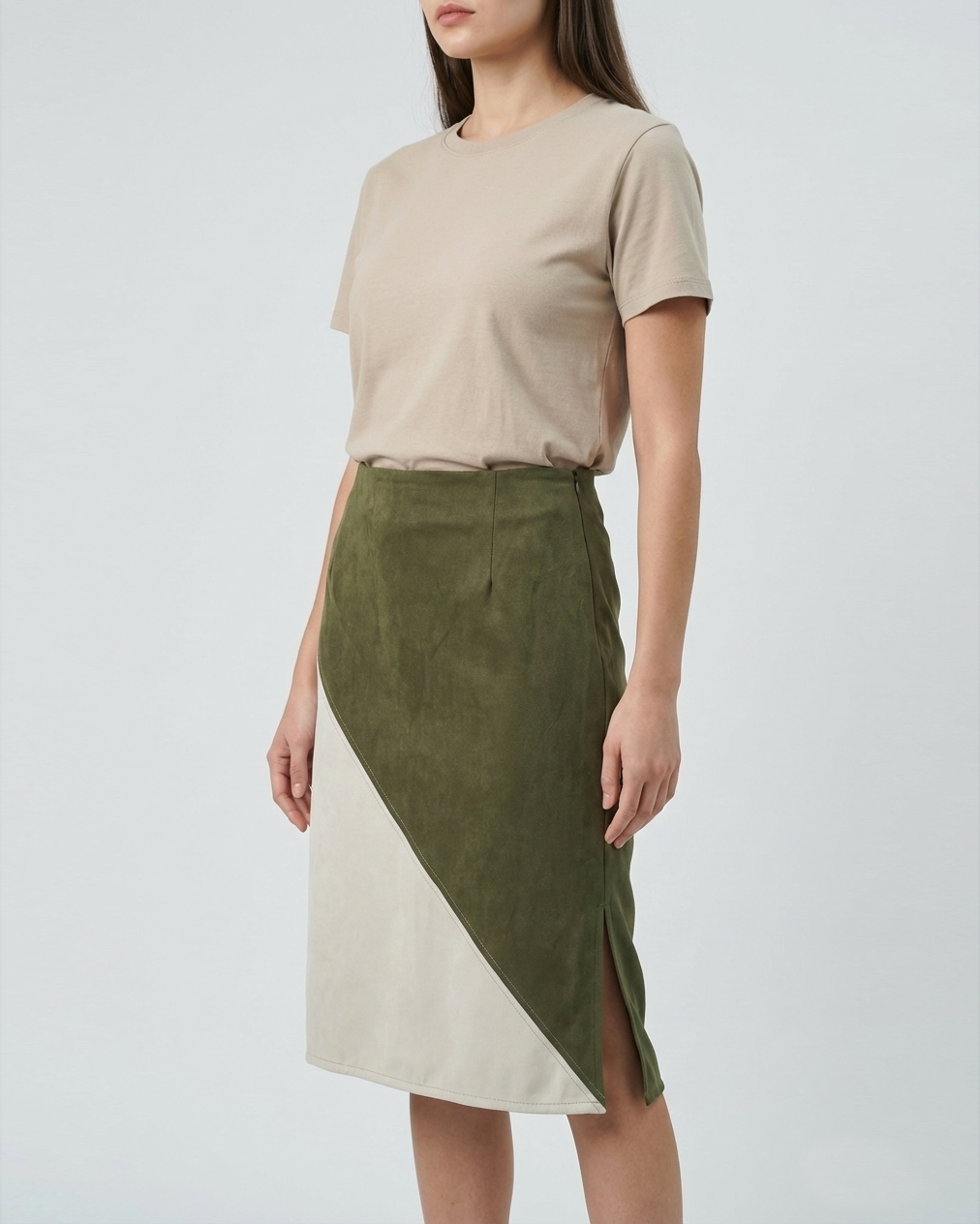 Two-Tone Asymmetrical Midi Skirt – Olive & Ivory