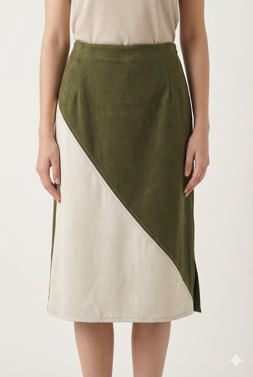 Two-Tone Asymmetrical Midi Skirt – Olive & Ivory