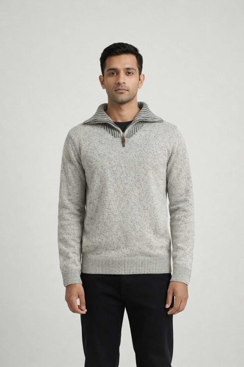 Men’s Light Grey Zip-Neck Knit Pullover Sweaters