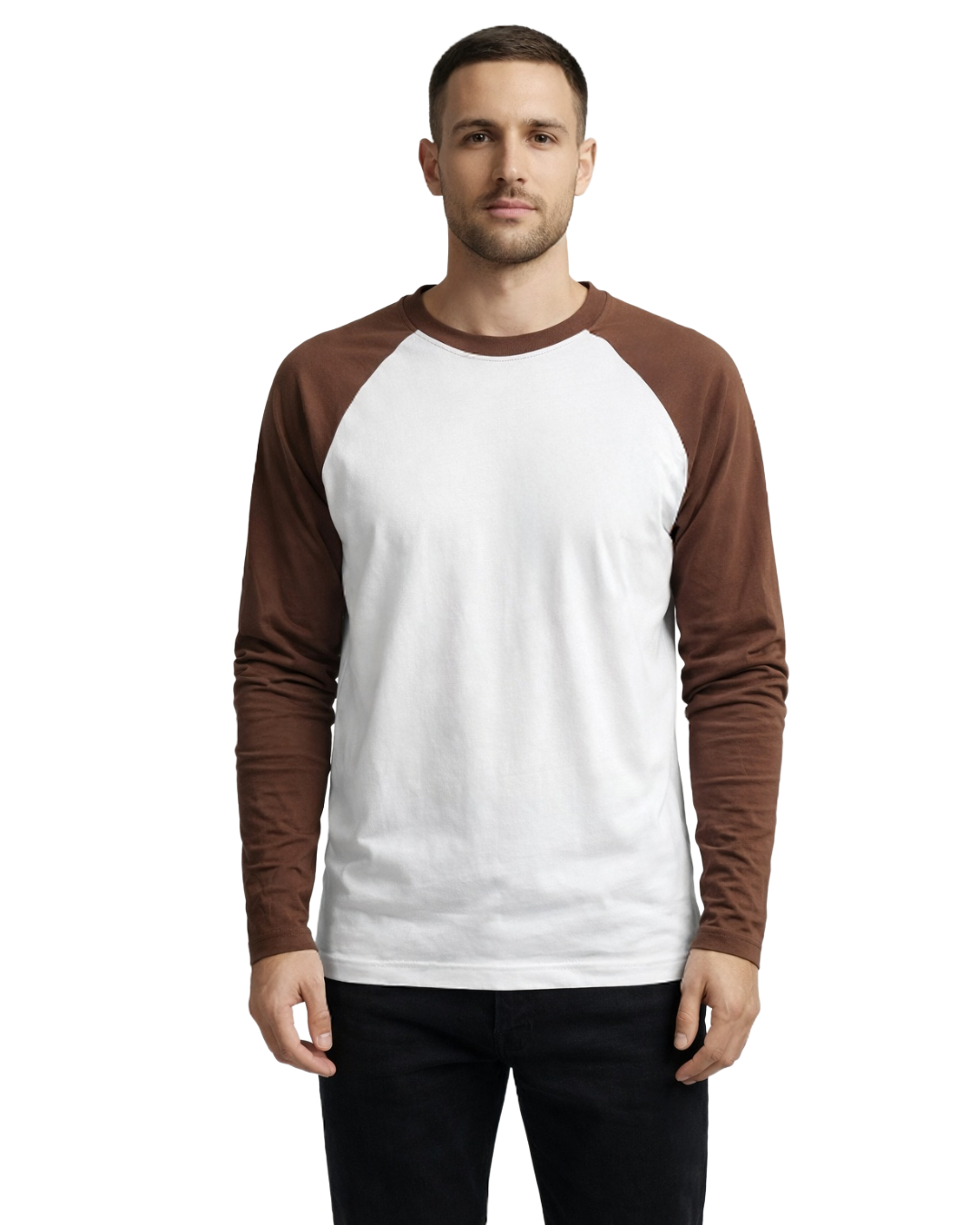 MEN’S WHITE & BROWN RAGLAN FULL SLEEVE HEART PRINT T-SHIRT