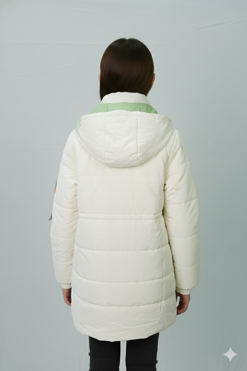 Hooded Quilted Winter Jacket – Ivory with Mint Accents