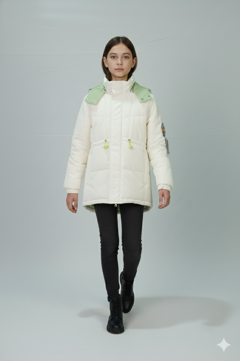 Hooded Quilted Winter Jacket – Ivory with Mint Accents