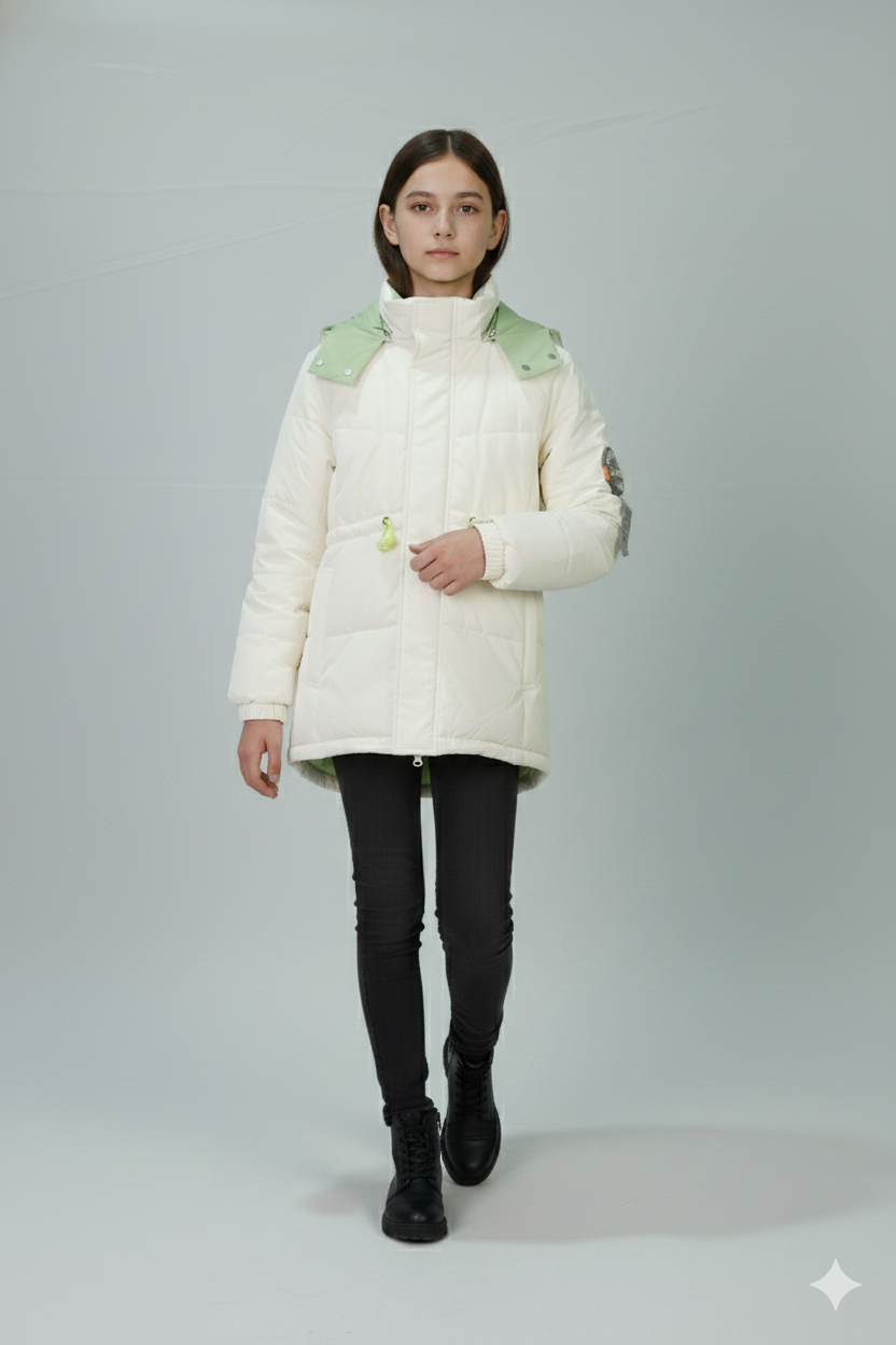Hooded Quilted Winter Jacket – Ivory with Mint Accents